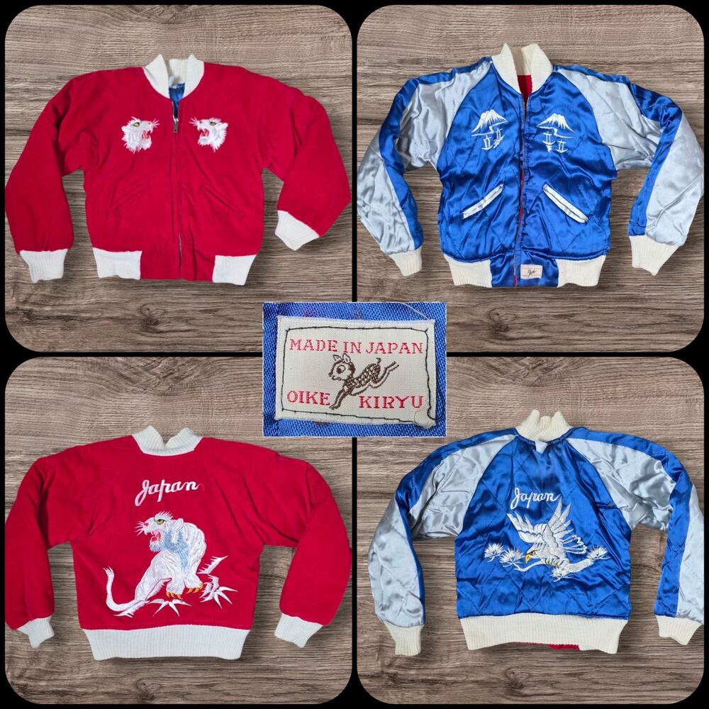 1950s Japan Sukajan Kids Jacket Reversible Red Velvet Blue Satin Tiger Eagle